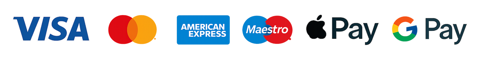 Visa, Mastercard, American Express, Maestro, Apple Pay, Google Pay